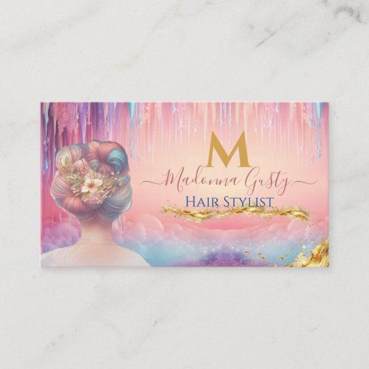 Dripping Pastel Roze Goud Monogram Haar Stylist Visitekaartje (Voorkant)