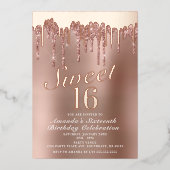 Dripping Roos Gold Sweet 16 Birthday Real Folie Uitnodiging (Voorkant)
