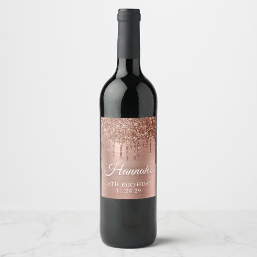 Dripping Roos Gouden Glitter Glam 18e Verjaardag Wijn Etiket (Voorkant)
