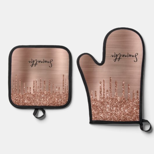 Dripping Roos Gouden Glitter Glam Naam Ovenwant & Pannenlap Set (Voorkant)