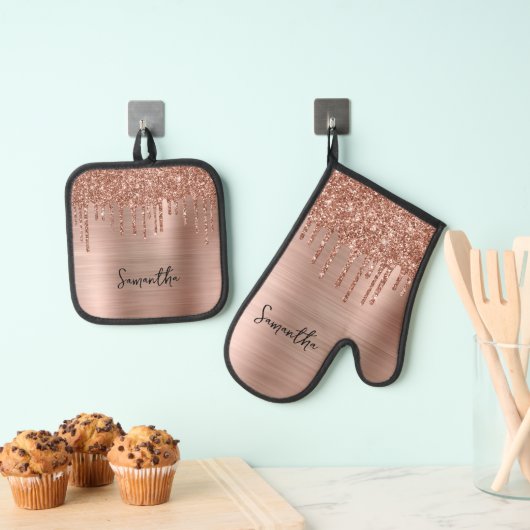 Dripping Roos Gouden Glitter Glam Naam Ovenwant & Pannenlap Set (Insitu(Ophanging))