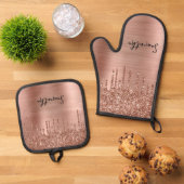 Dripping Roos Gouden Glitter Glam Naam Ovenwant & Pannenlap Set (Top down)