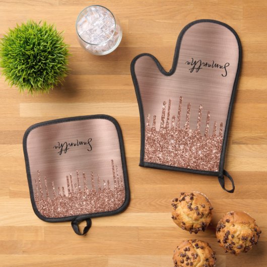 Dripping Roos Gouden Glitter Glam Naam Ovenwant & Pannenlap Set (Top down)