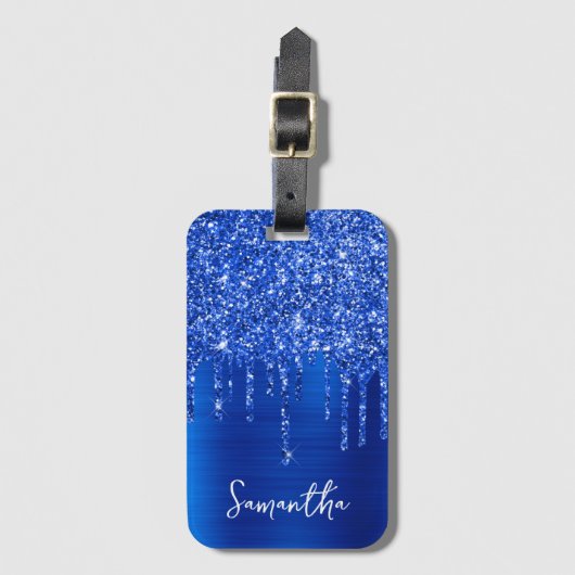 Dripping Royal Blue Glitter Glam Naam Bagagelabel (Voorkant (verticaal))