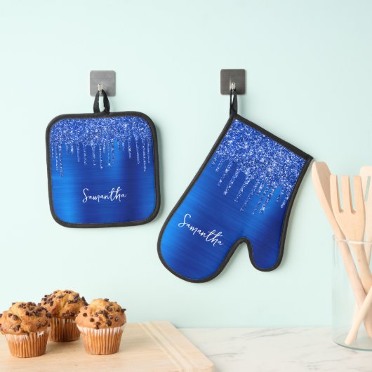 Dripping Royal Blue Glitter Glam Naam Ovenwant & Pannenlap Set (Insitu(Ophanging))