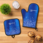 Dripping Royal Blue Glitter Glam Naam Ovenwant & Pannenlap Set (Top down)