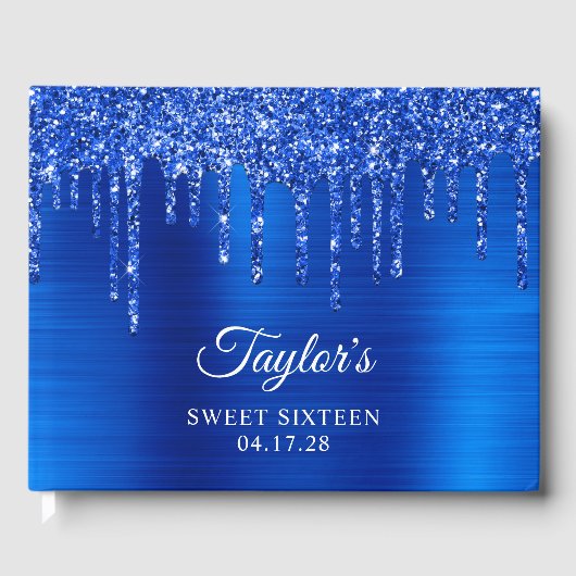 Dripping Royal Blue Glitter Glam Sweet Sixteen Gastenboek (Voorkant)