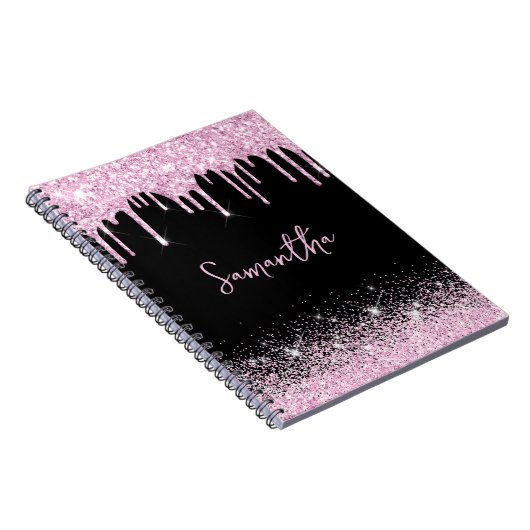 Dripping Roze Zwart Glitter Glam Naam Notitieboek (Rechterzijde)