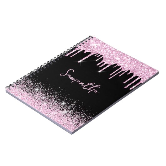 Dripping Roze Zwart Glitter Glam Naam Notitieboek (Linkerzijde)