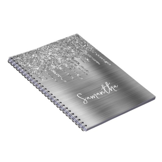 Dripping Silver Glitter Glam Naam Notitieboek (Rechterzijde)