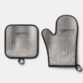 Dripping Silver Glitter Glam Naam Ovenwant & Pannenlap Set (Voorkant)
