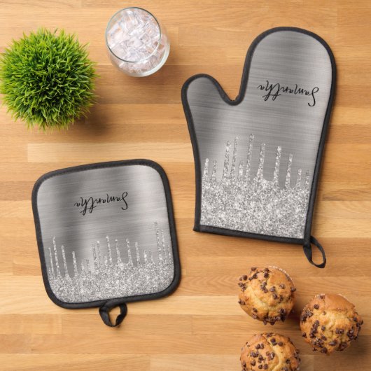 Dripping Silver Glitter Glam Naam Ovenwant & Pannenlap Set (Top down)