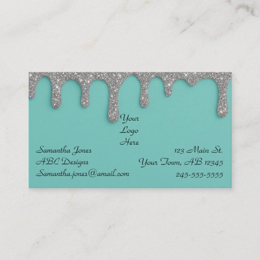 Dripping Silver Glitter & Turquoise Visitekaartje (Voorkant)