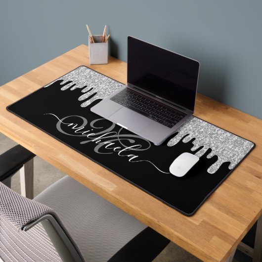 Dripping sparkles zilvergrijs en zwart Monogram Bureaumat (Kantoor 2)