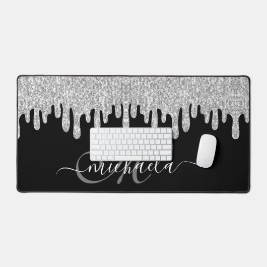 Dripping sparkles zilvergrijs en zwart Monogram Bureaumat (Keyboard & Muis)