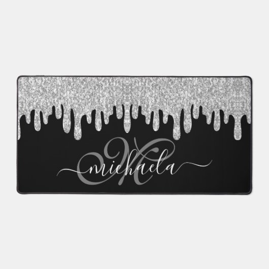Dripping sparkles zilvergrijs en zwart Monogram Bureaumat (Voorkant)