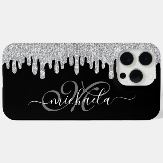 Dripping sparkles zilvergrijs en zwart Monogram Case-Mate iPhone Case (Achterkant (horizontaal))