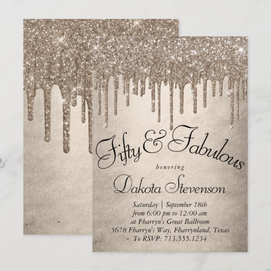Dripping Taupe Glitter | Champagne 50 en Fabulous Kaart (Voorkant / Achterkant)
