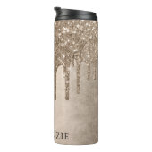 Dripping Taupe Glitter | Champagne Gold Monogram Thermosbeker (Geroteerd rechts)
