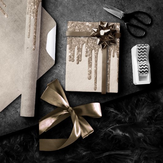 Dripping Taupe Glitter | Champagne Gold motregen Cadeaupapier