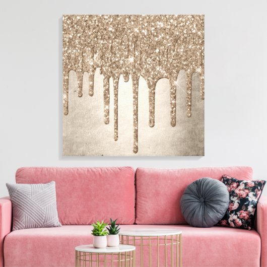 Dripping Taupe Glitter | Champagne Gold motregen Canvas Afdruk (Insitu (Woonkamer))