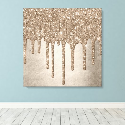 Dripping Taupe Glitter | Champagne Gold motregen Canvas Afdruk (Insitu (Houten vloer))