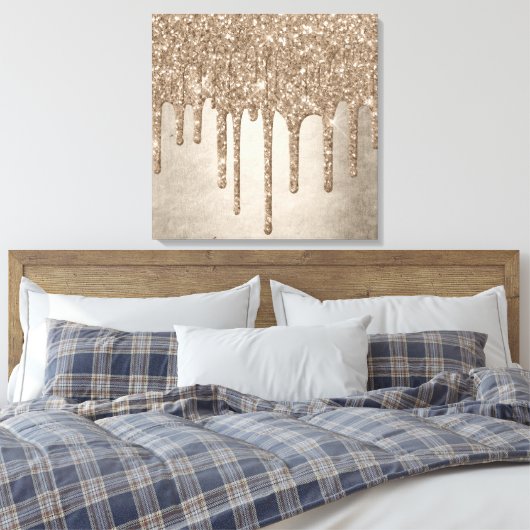 Dripping Taupe Glitter | Champagne Gold motregen Canvas Afdruk (Insitu (Slaapkamer))