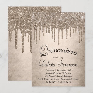 Dripping Taupe Glitter   Champagne Quinceanera Kaart
