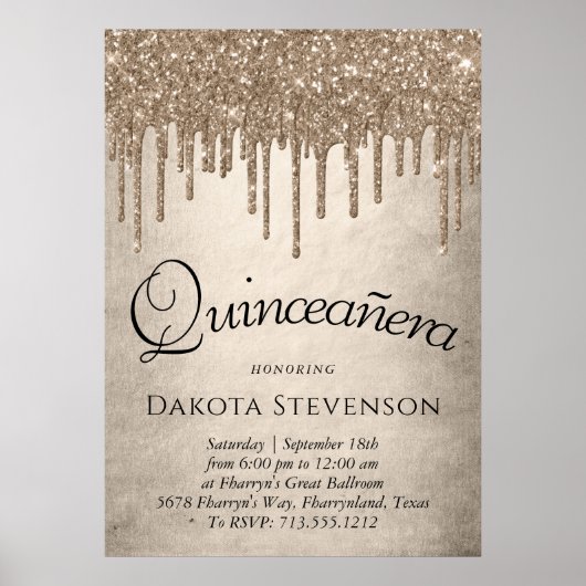 Dripping Taupe Glitter | Champagne Quinceanera Poster (Voorkant)