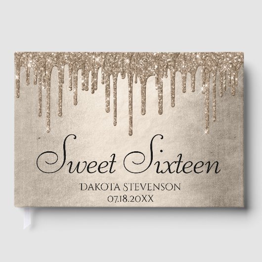 Dripping Taupe Glitter | Champagne Sweet Sixteen Gastenboek (Voorkant)