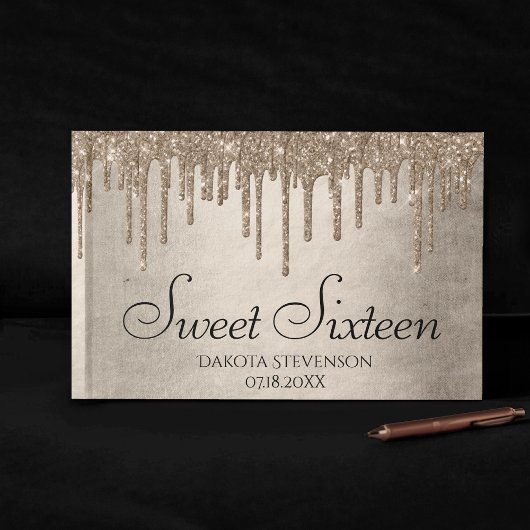 Dripping Taupe Glitter | Champagne Sweet Sixteen Gastenboek