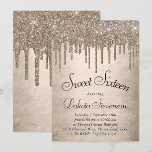 Dripping Taupe Glitter   Champagne Sweet Sixteen Kaart