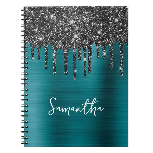 Dripping Zwart Glitter Blauw Blauwgroen Glam Naam Notitieboek (Voorkant)