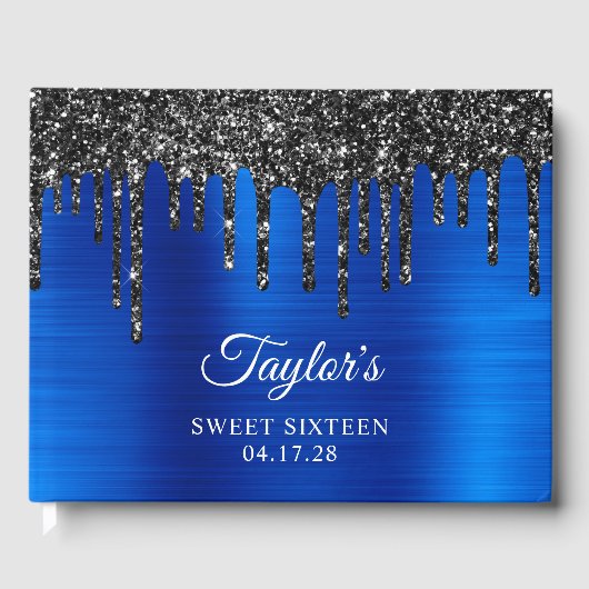 Dripping zwart glitter koningsblauw glam zoet 16 gastenboek (Voorkant)