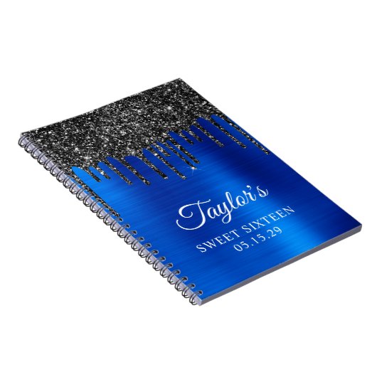 Dripping zwart glitter koningsblauw zoet zestien notitieboek (Rechterzijde)