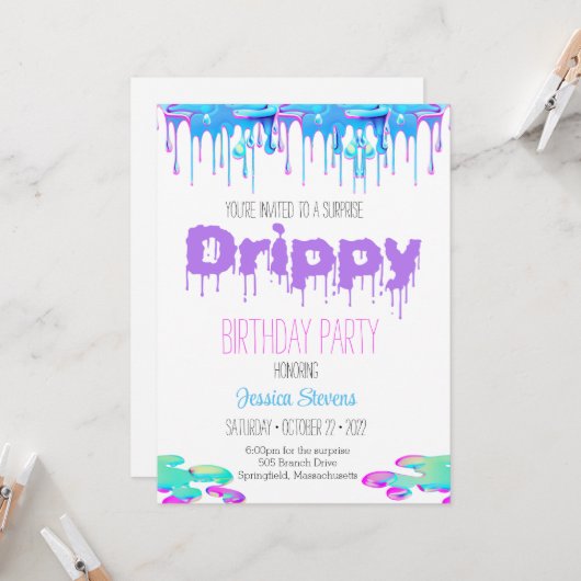 Drippy Birthday Invitation Kaart (Voorkant / Achterkant in situ)