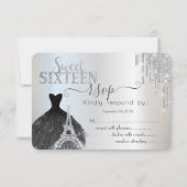 Drips Black Dress Eiffel Tower Sweet 16 RSVP Kaart (Voorkant)