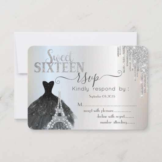 Drips Black Dress Eiffel Tower Sweet 16 RSVP Kaart (Voorkant)