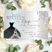 Drips Black Dress Eiffel Tower Sweet 16 RSVP Kaart