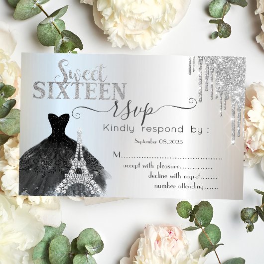 Drips Black Dress Eiffel Tower Sweet 16 RSVP Kaart