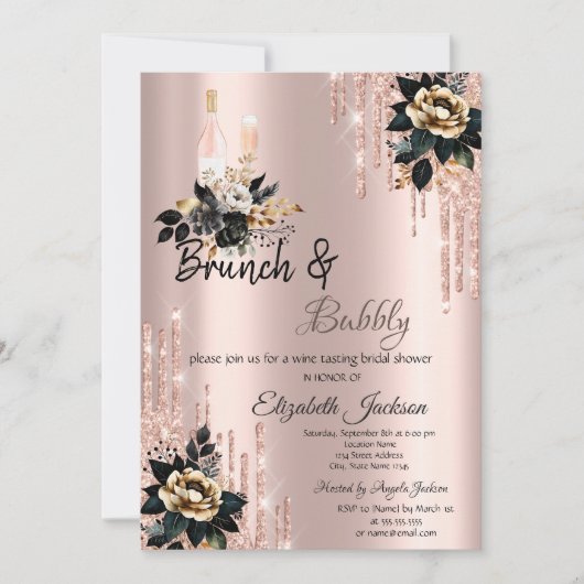 Drips Black Roses Brunch & Bubbly Bruidsfeestje Kaart (Voorkant)