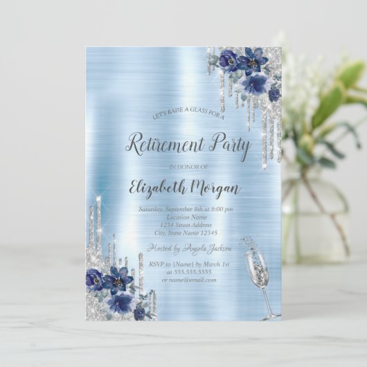 Drips, Blauwe Bloemen Blauw Metallic Pensioen Kaart (Staand voorkant)