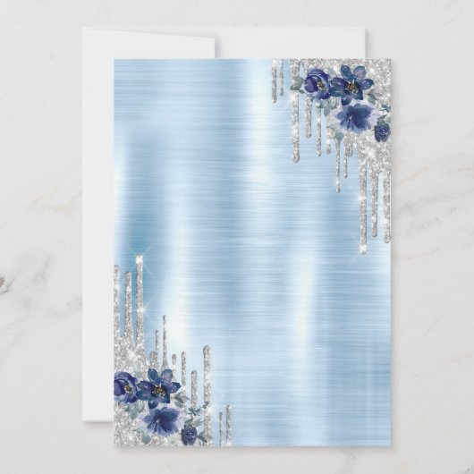 Drips, Blauwe Bloemen Blauw Metallic Pensioen Kaart (Achterkant)