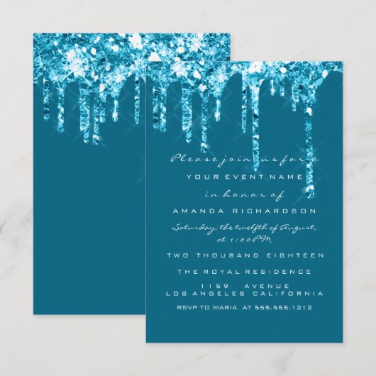 Drips Blue Blauwgroen Glitter Bridal Sweet 16th Kaart (Voorkant / Achterkant)