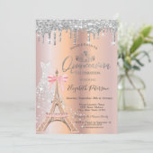 Drips Diamond Dress Eiffel Tower Bow Quinceañera Kaart (Staand voorkant)