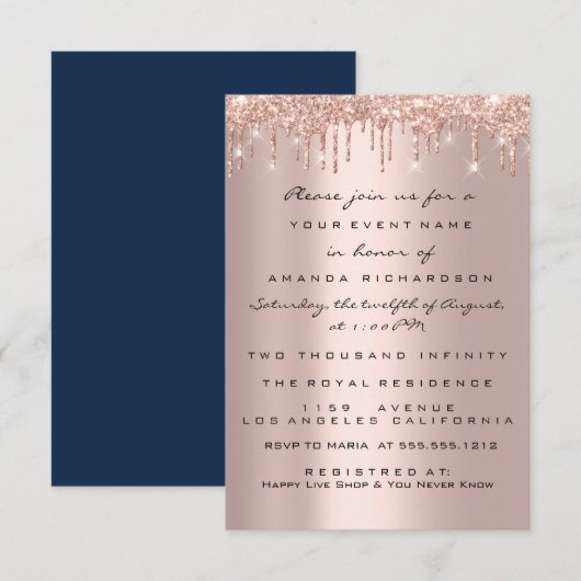 Drips Roos Navy Vrijgezellenfeest Birthaday Party Kaart (Voorkant / Achterkant)