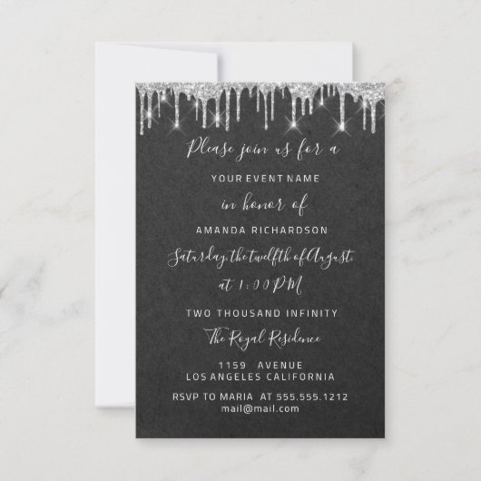 Drips Silver Bridal Wedding Sweet 16th Graphite Kaart (Voorkant)