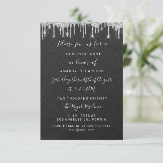 Drips Silver Bridal Wedding Sweet 16th Graphite Kaart (Staand voorkant)