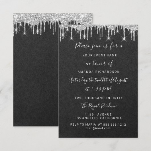 Drips Silver Bridal Wedding Sweet 16th Graphite Kaart (Voorkant / Achterkant)