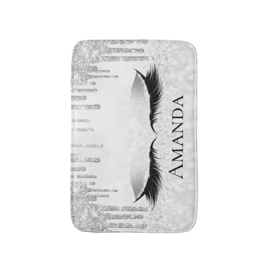 Drips Zilveren Ogen Glitter Naam Monogram Grijs Badmat (Voorkant Verticaal)